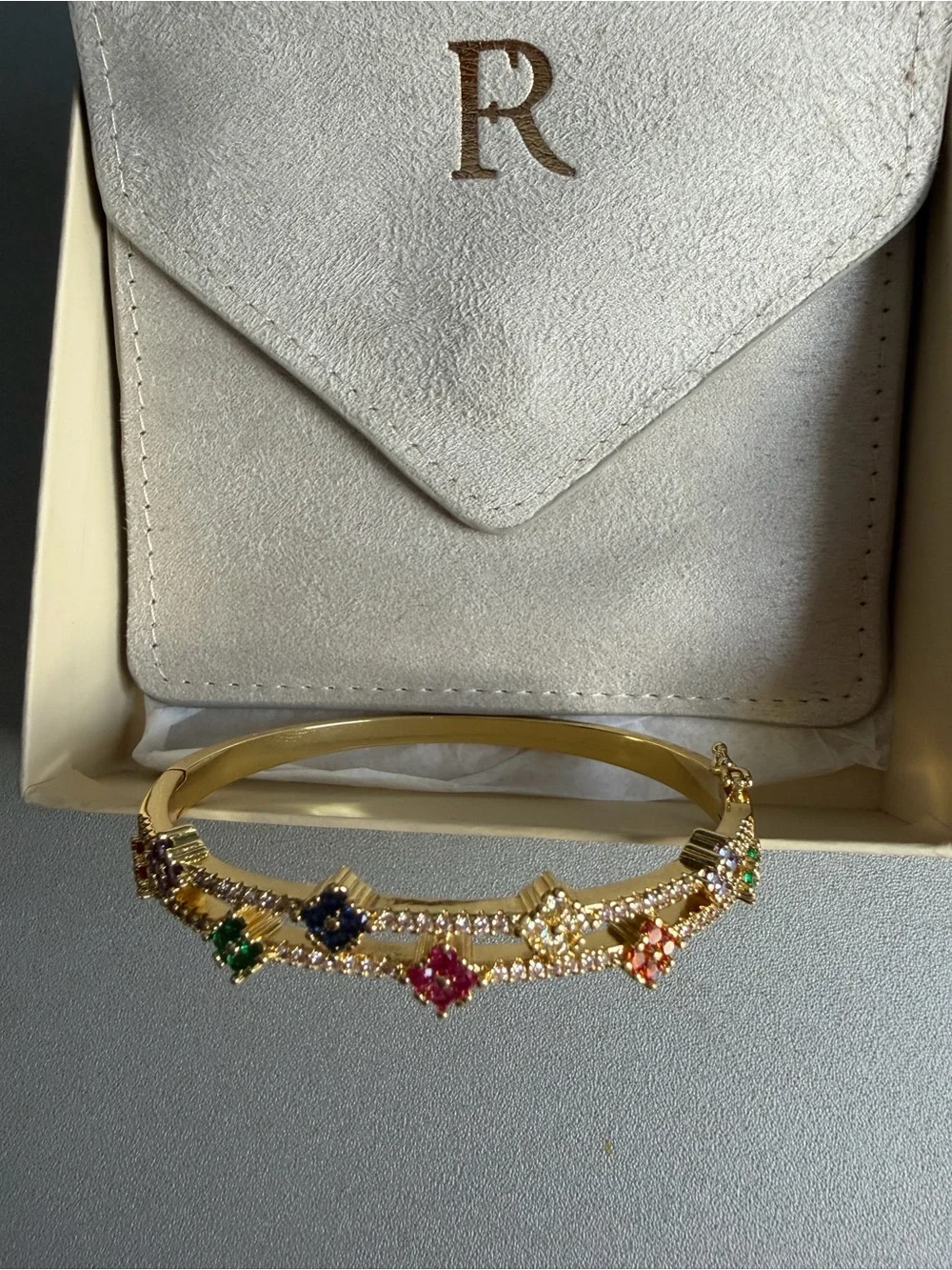 Freida Rothman Gold Multicolor Flower Station Bangle Bracelet - Women's New
